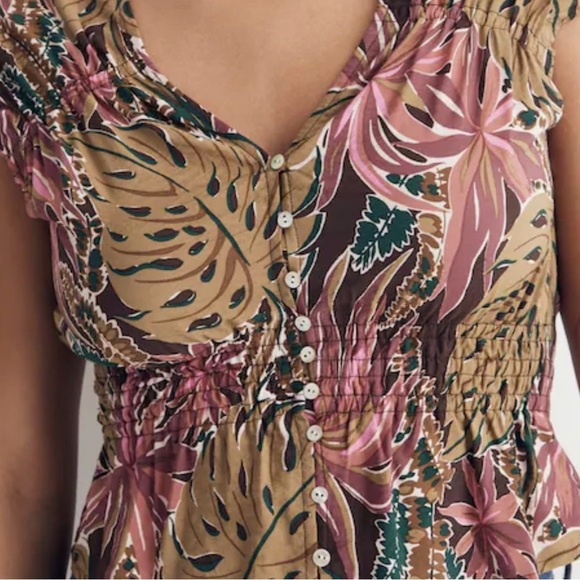 Madewell Shirred Cap-Sleeve Linen Blend Top in Brushstroke Monstera, Size Large - Picture 3 of 10